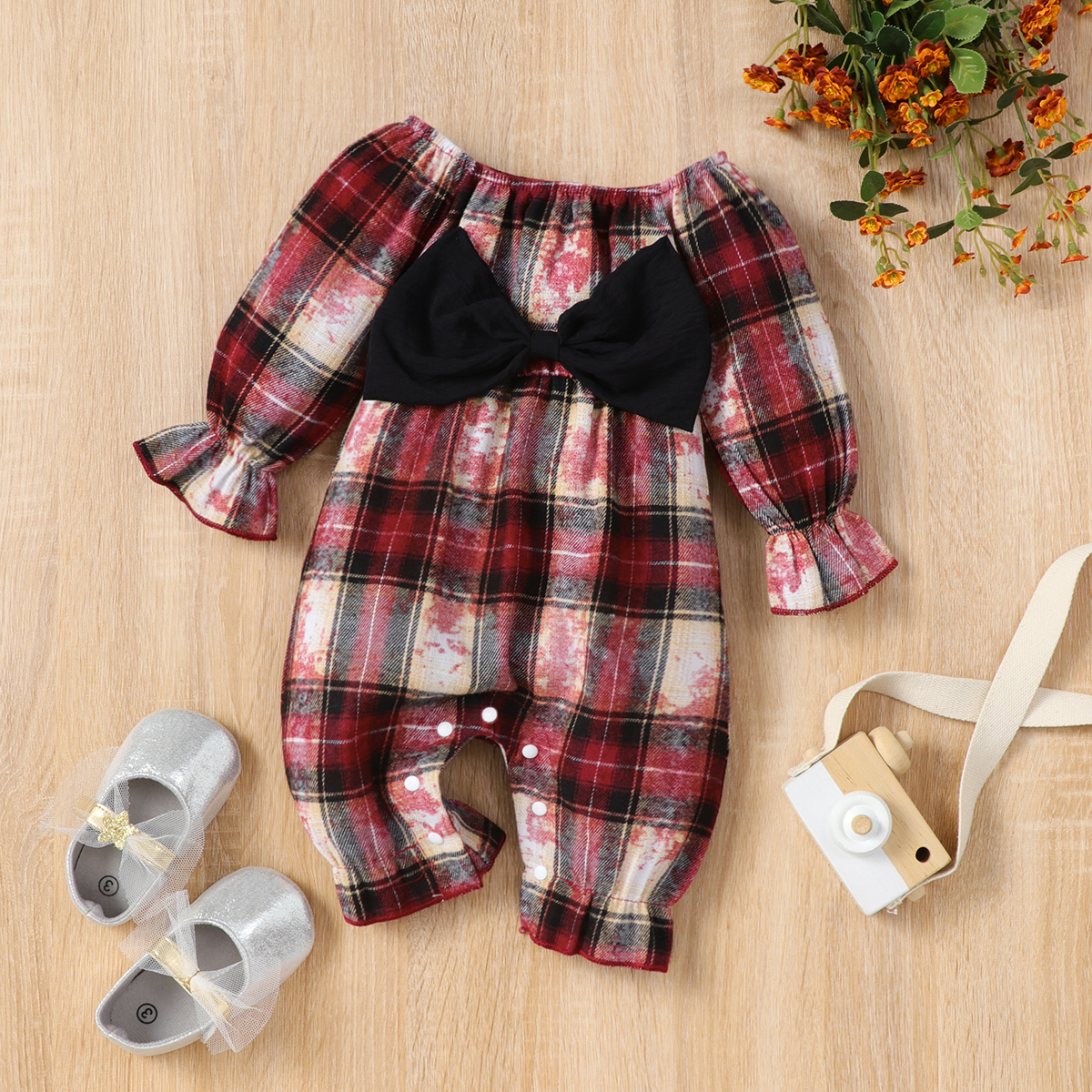 

100% Cotton Baby Girl Plaid Off Shoulder Long-sleeve Bowknot Jumpsuit