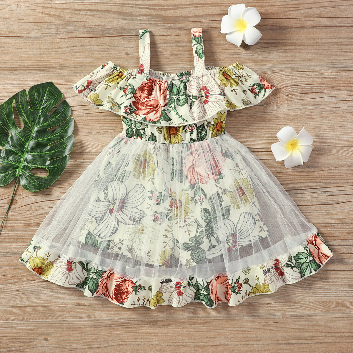 

Toddler Girl Floral Print Off Shoulder Flounce Mesh Design Strap Romper