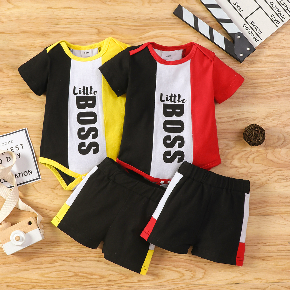 

2pcs Baby Boy/Girl Letter Print Colorblock Short-sleeve Romper and Shorts Set