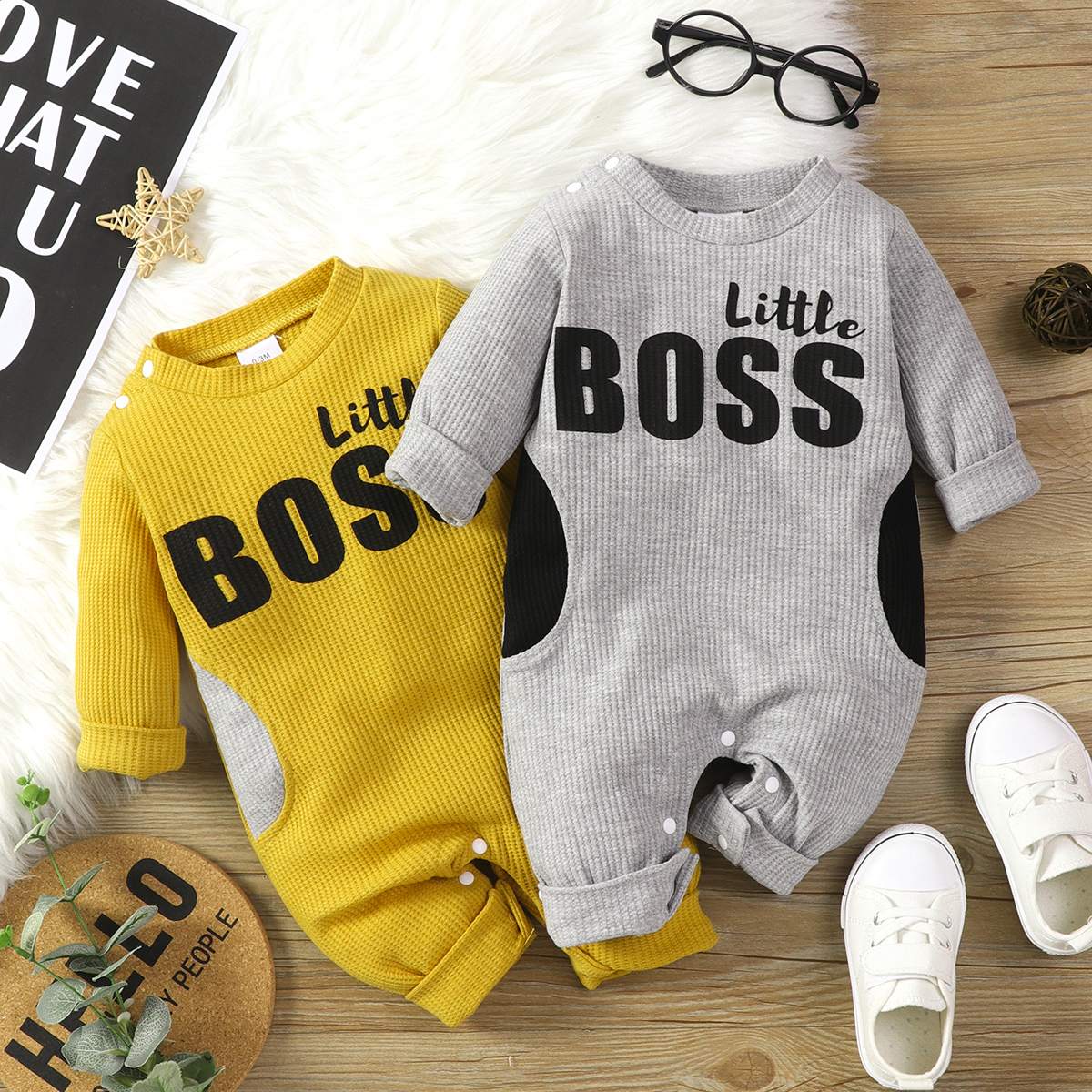 

Baby Boy Letter Print Waffle Long-sleeve Jumpsuit