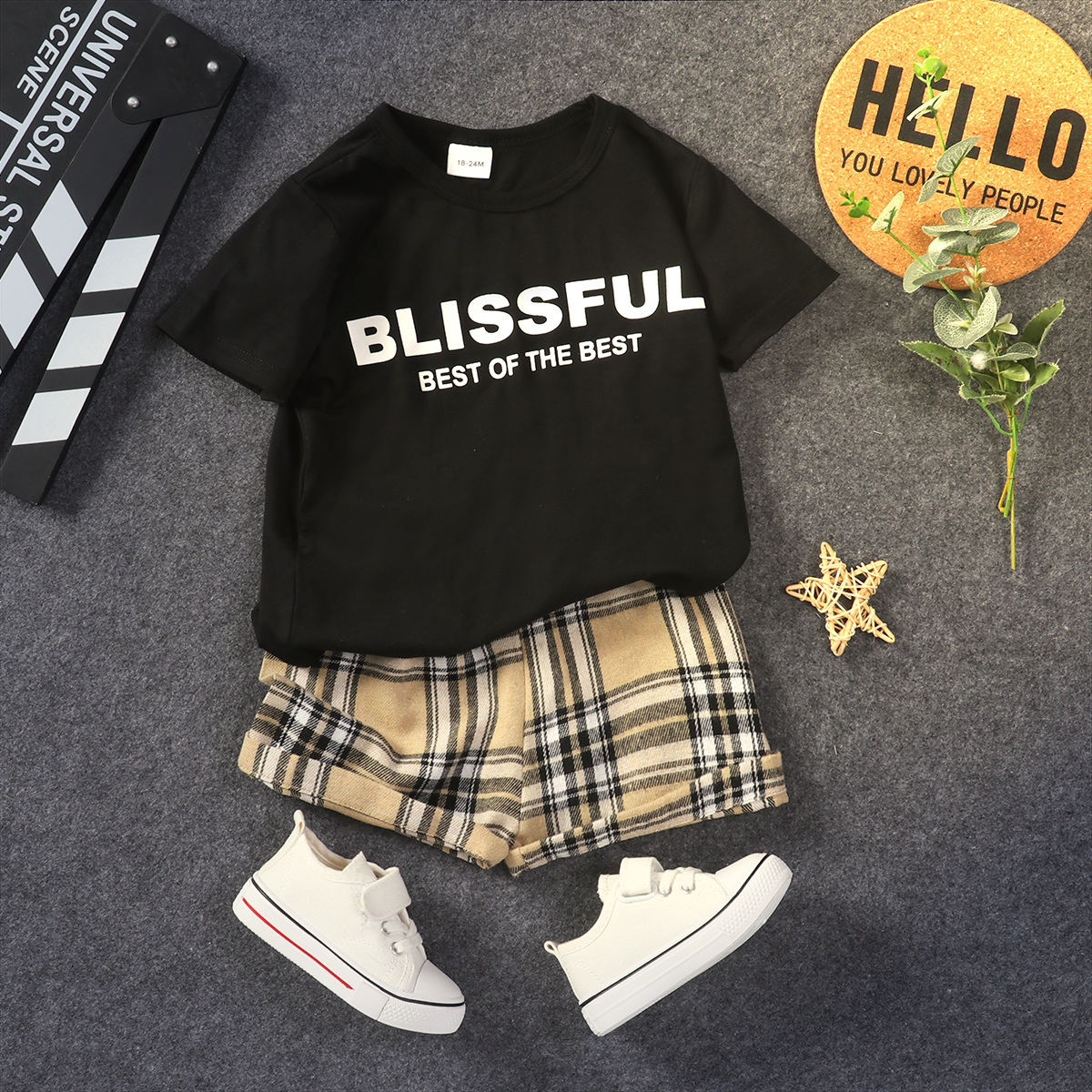 

2pcs Toddler Boy Casual Letter Print Tee & Plaid Shorts Set