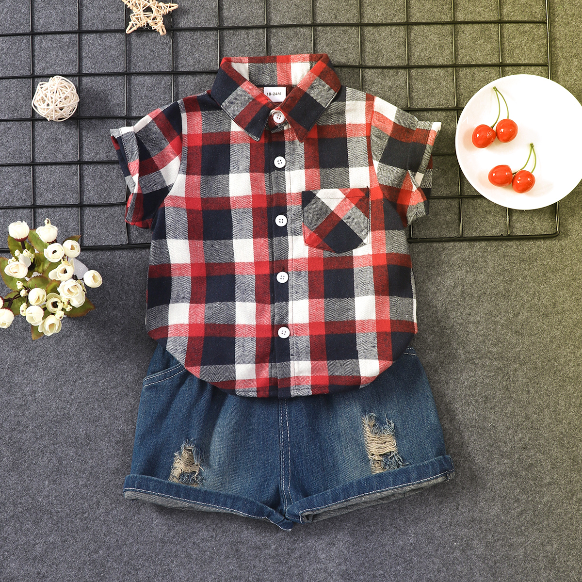 

2pcs Toddler Boy Casual Ripped Denim Shorts and Plaid Shirt Set