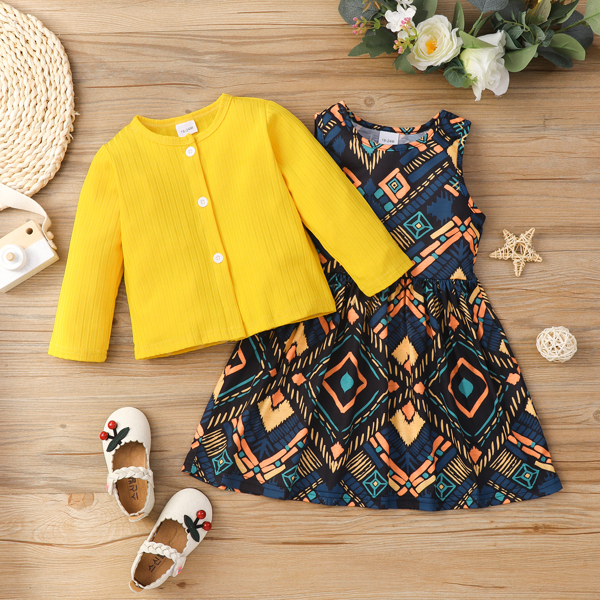 

2pcs Toddler Girl Exotic Geo Print Sleeveless Dress and Button Design Yellow Cardigan Set