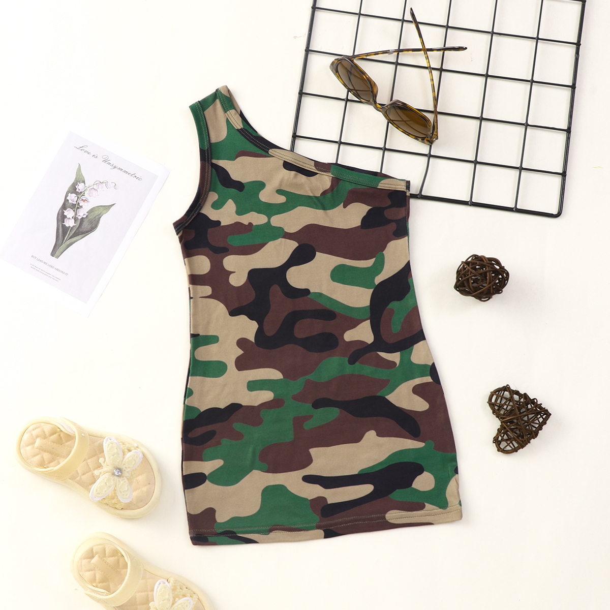 

Toddler Girl Camouflage Print One Shoulder Sleeveless Dress