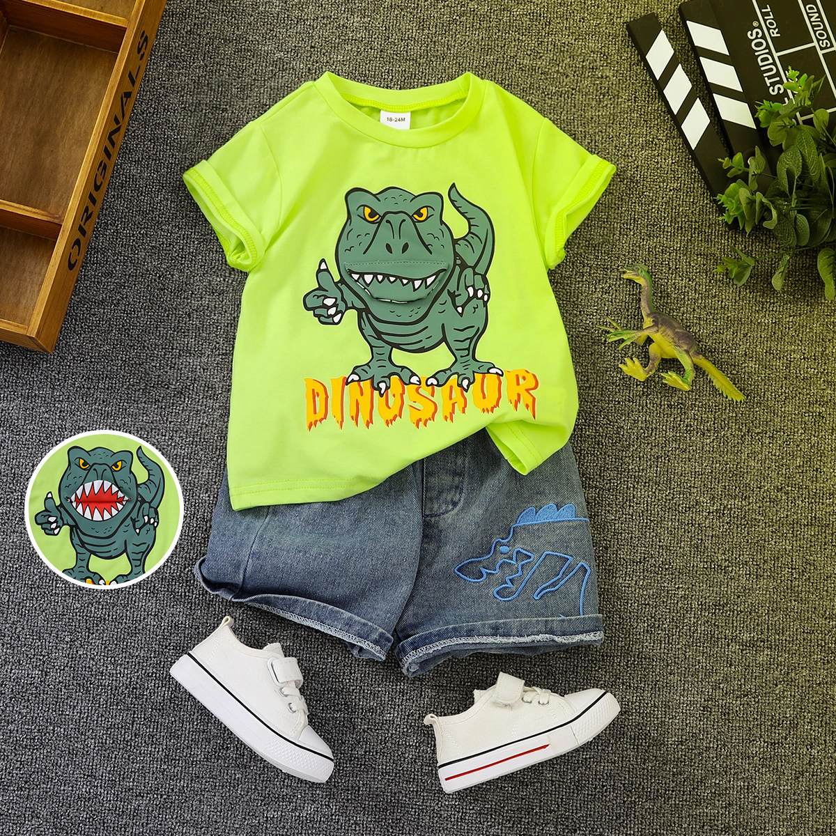 

2pcs Toddler Boy Playful Dinosaur Embroidered Denim Shorts and Letter Print Tee Set