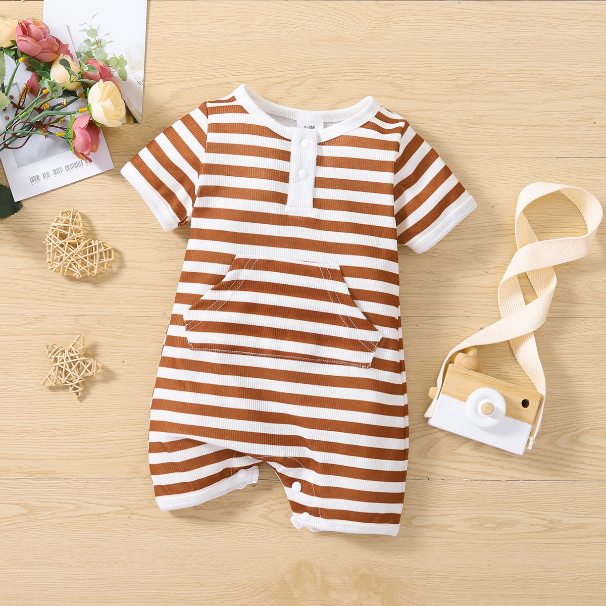 

Baby Boy/Girl Brown Striped Ribbed Short-sleeve Romper with Pocket