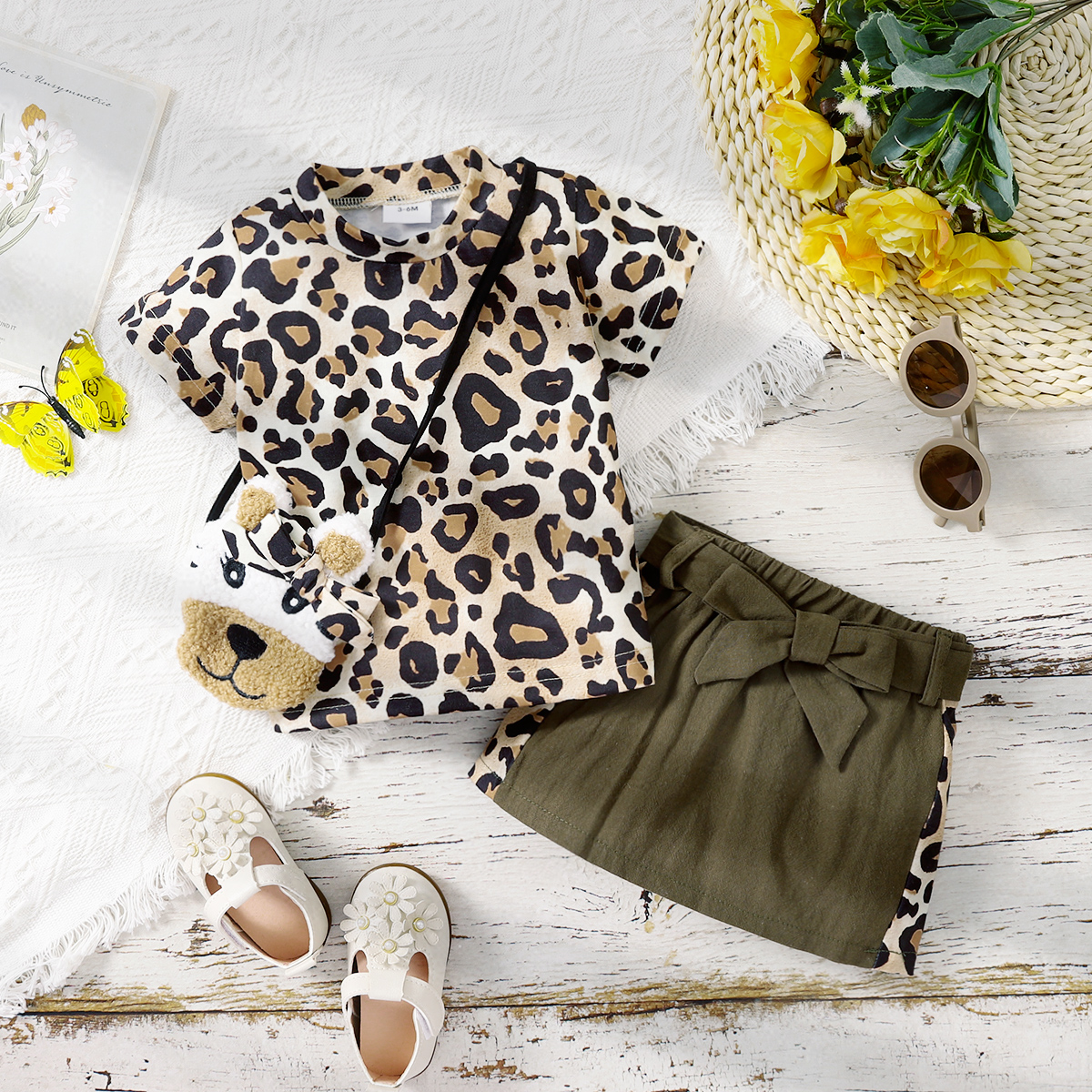 

3pcs Baby Girl Leopard Short-sleeve Tee and Belted Skirt with Cartoon Bag Set