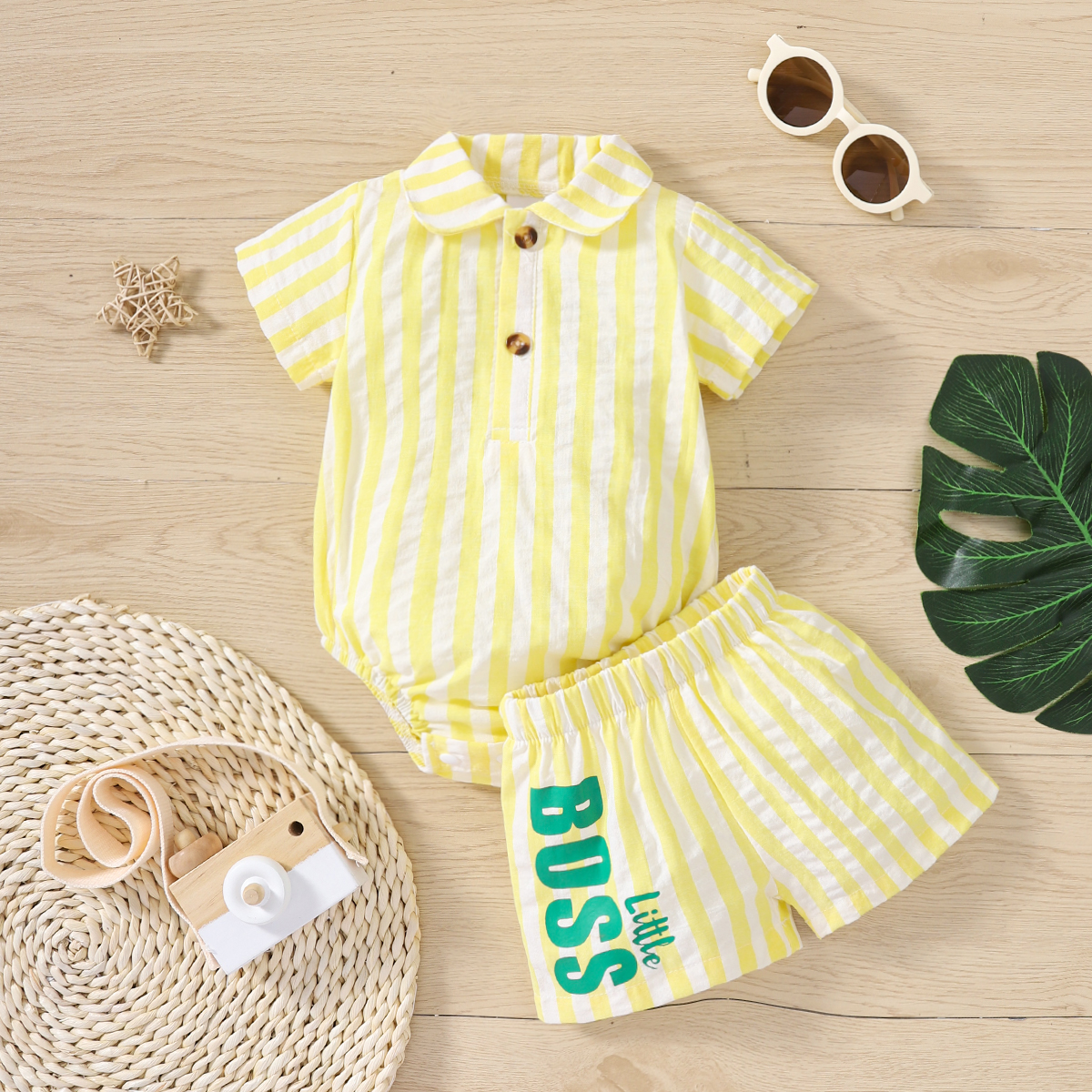 

2pcs Baby Boy Striped Short-sleeve Romper and Letter Print Shorts Set