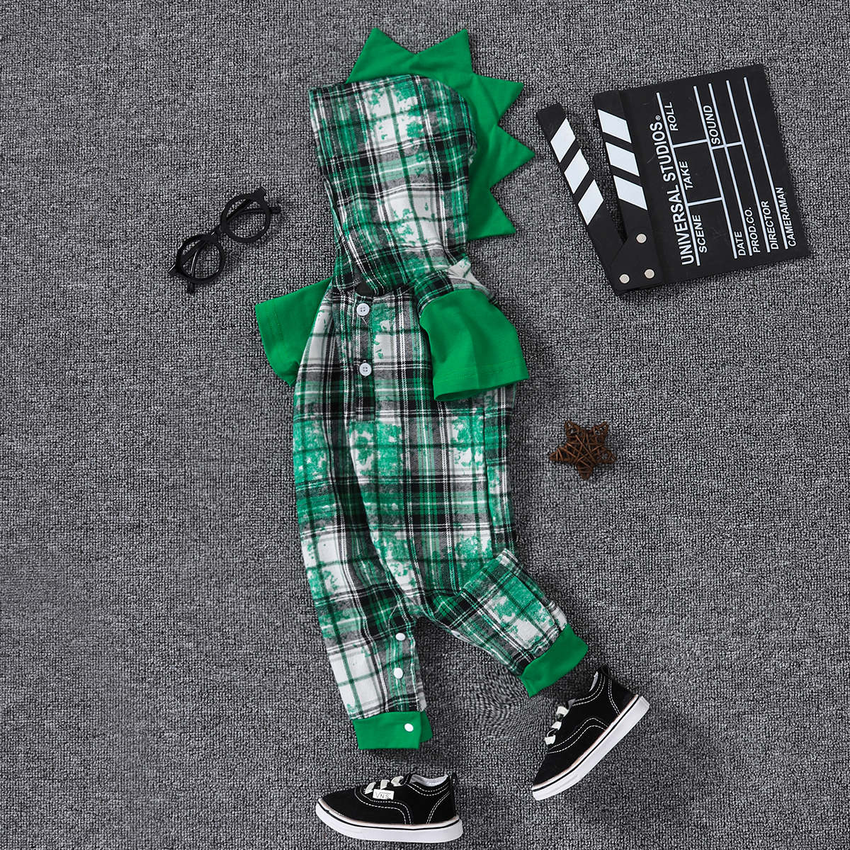 

100% Cotton Baby Boy Green Plaid Dinosaur Hooded Short-sleeve Jumpsuit