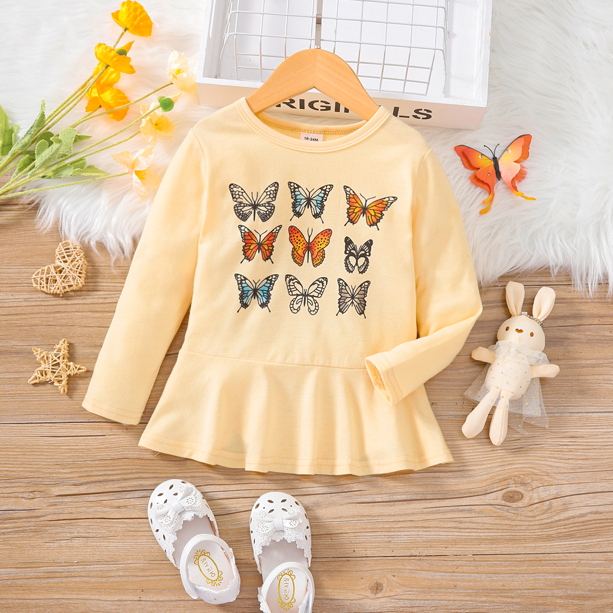

Toddler Girl Butterfly Print Ruffle Hem Short-sleeve Yellow Tee