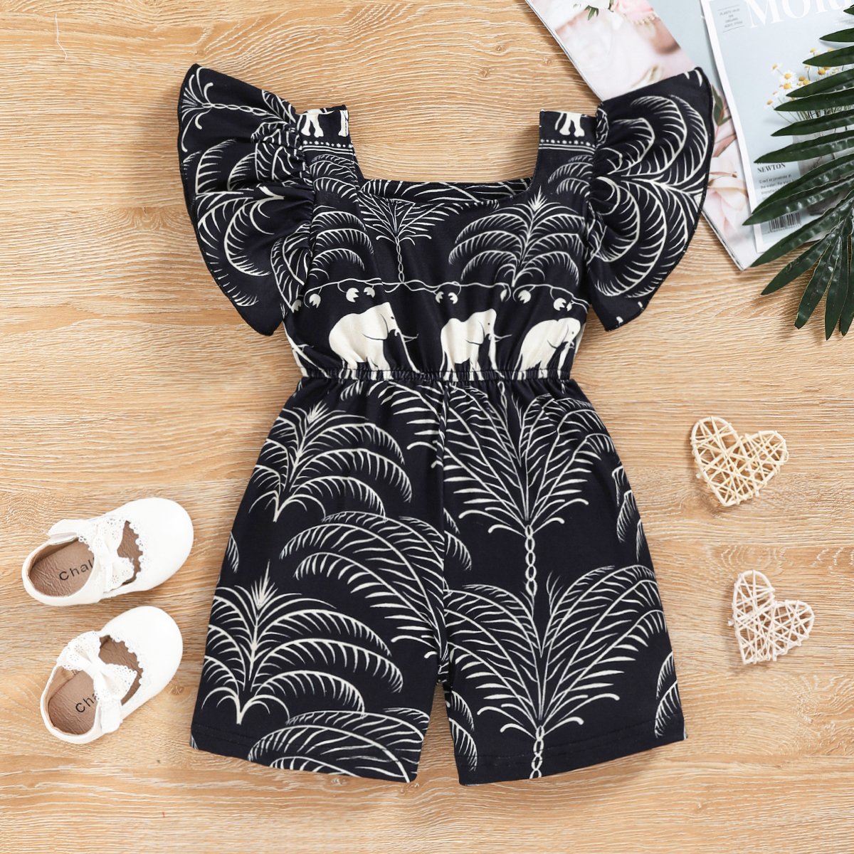 

Toddler Girl Exotic Floral Elephant Print Flutter-sleeve Rompers