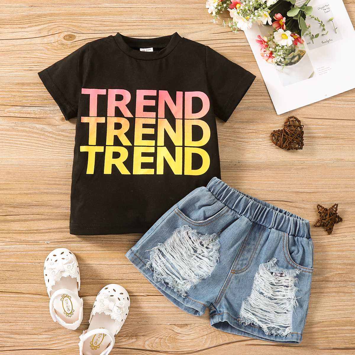 

2pcs Toddler Girl Letter Print Short-sleeve Black Tee and Ripped Denim Shorts Set
