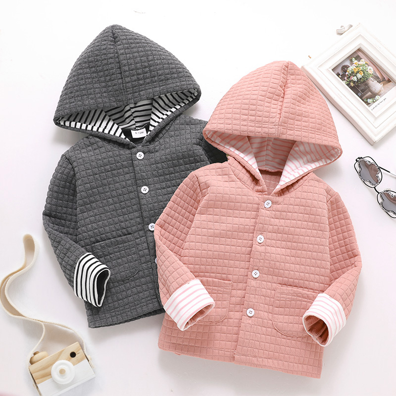 

Baby Boy/Girl Solid Textured Button Down Long-sleeve Hooded Jacket