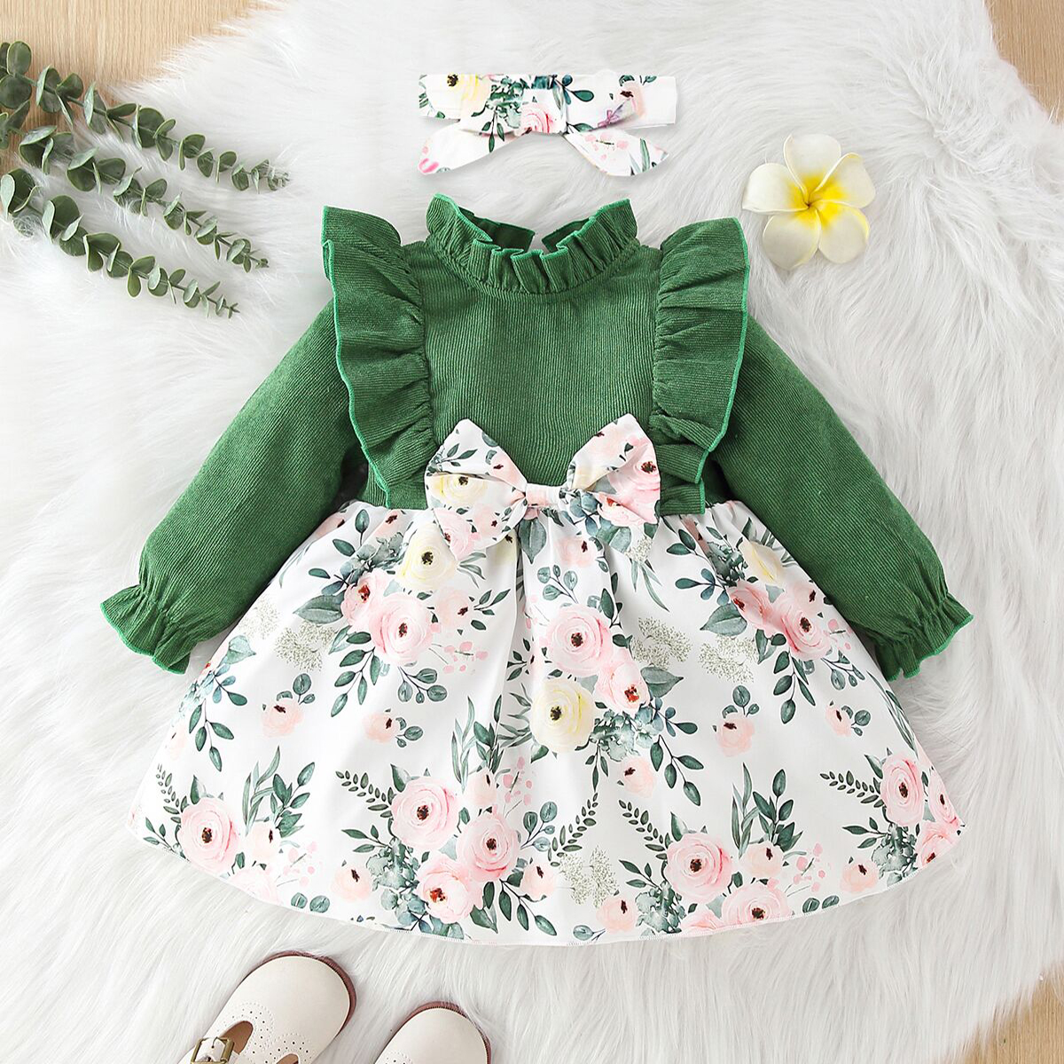 

2pcs Baby Girl Solid Ruffle Long-sleeve Splicing Floral Print Dress with Headband Set