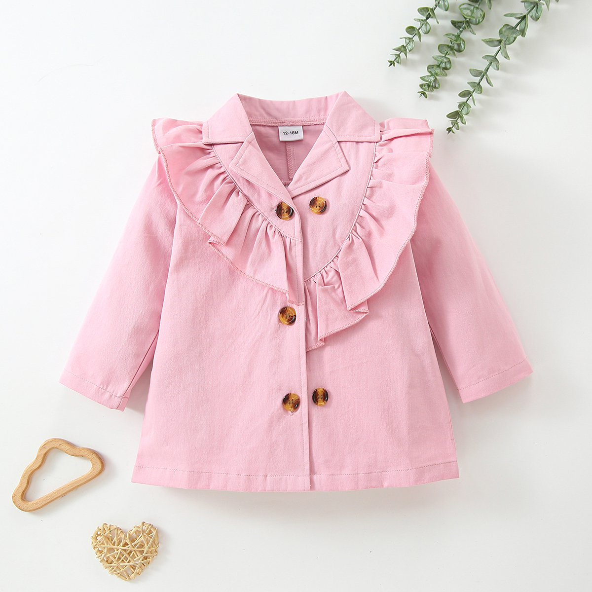 

100% Cotton Baby Girl Double Breasted Pink Lapel Long-sleeve Ruffle Outwear