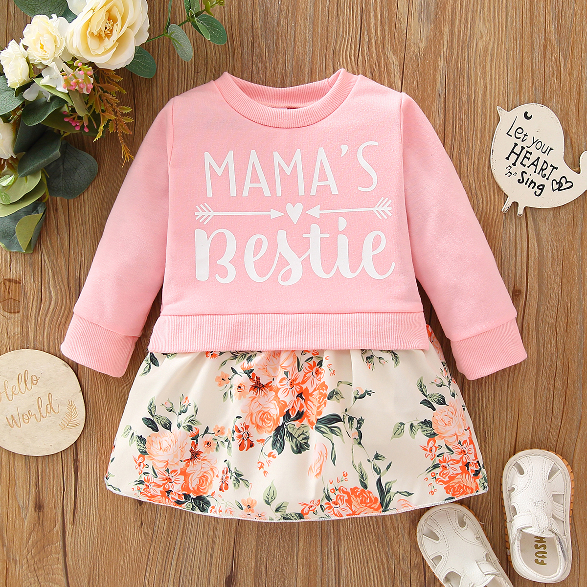

Baby Girl Letter Print Pink Long-sleeve Floral Print Faux-two Dress