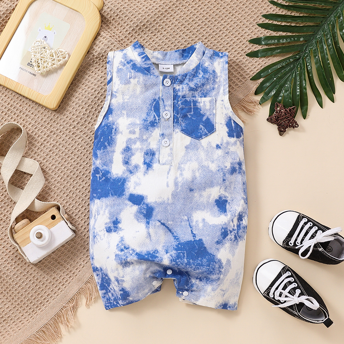 

Baby Boy 95% Cotton Blue Tie Dye Button Front Tank Romper