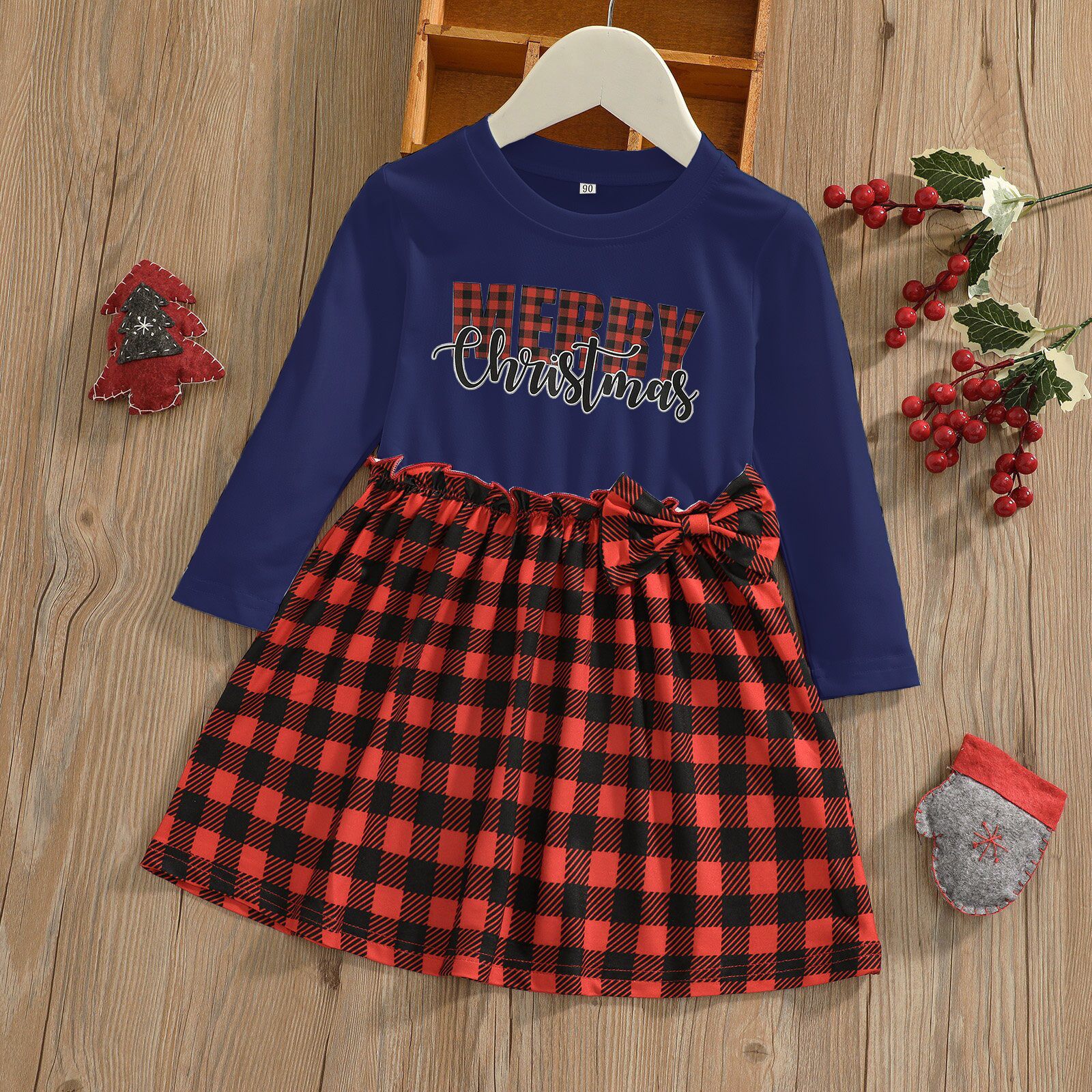 

Kid Girl 100% Cotton Christmas Letter Print Bowknot Design Plaid Splice Long-sleeve Dress