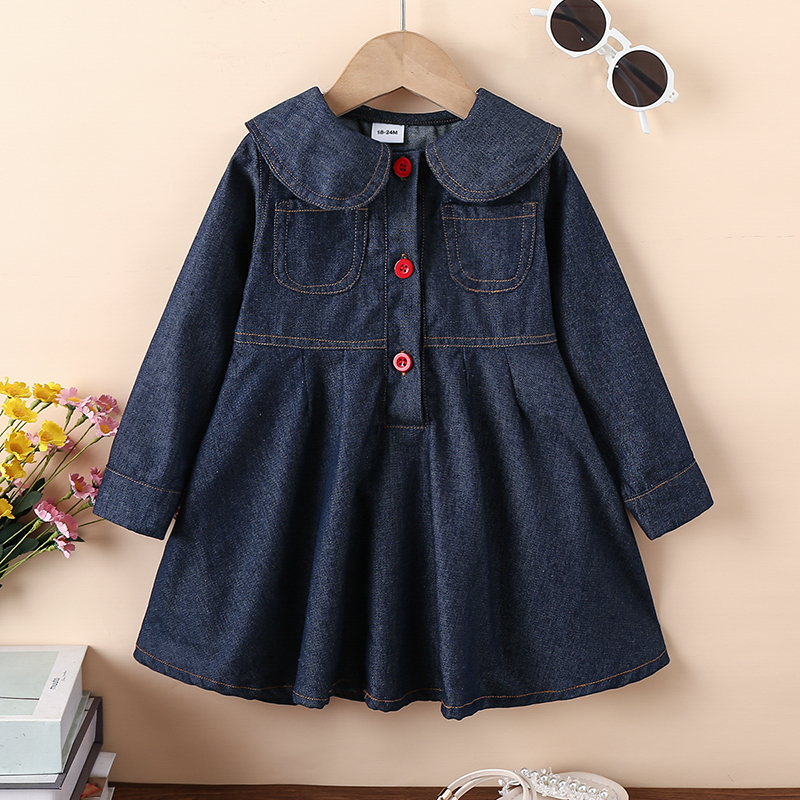 

Toddler Girl Doll Collar Button Design Long-sleeve Denim Dress