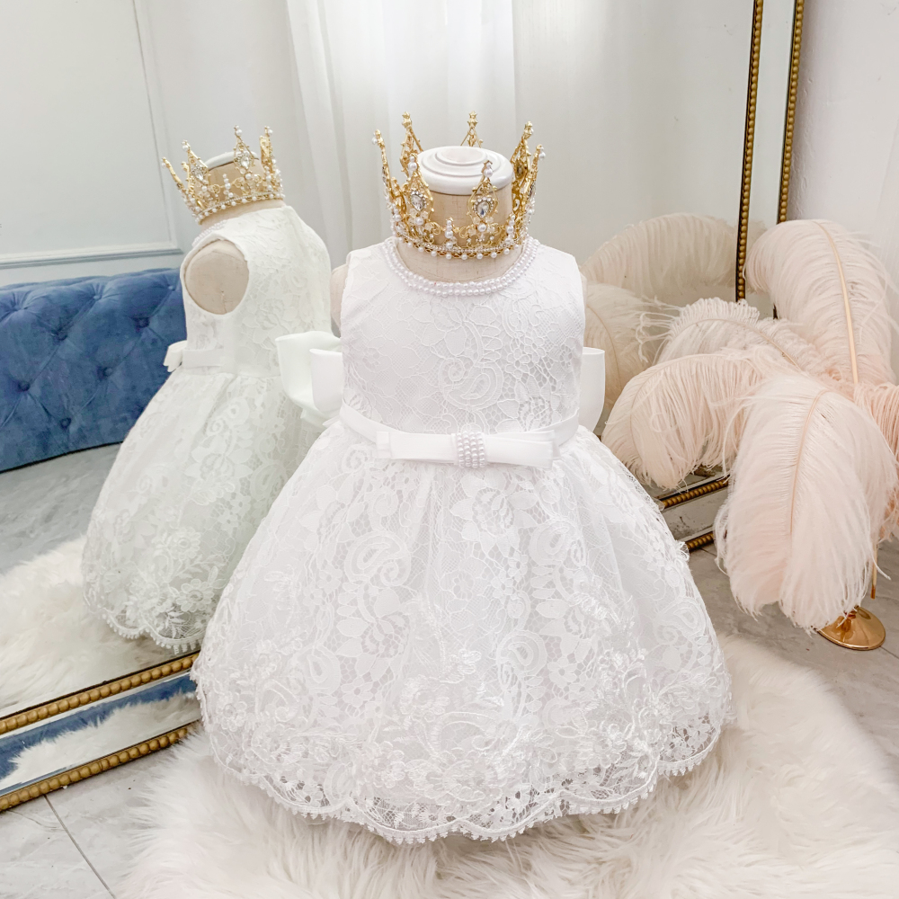 

Toddler Girl Bowknot Floral Lace Design Mesh Sleeveless White Party Dress