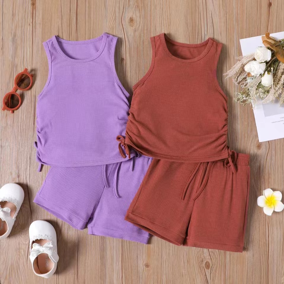 

2pcs Toddler Girl Solid Color Drawstring Design Ribbed Tank Top and Elasticized Shorts Set