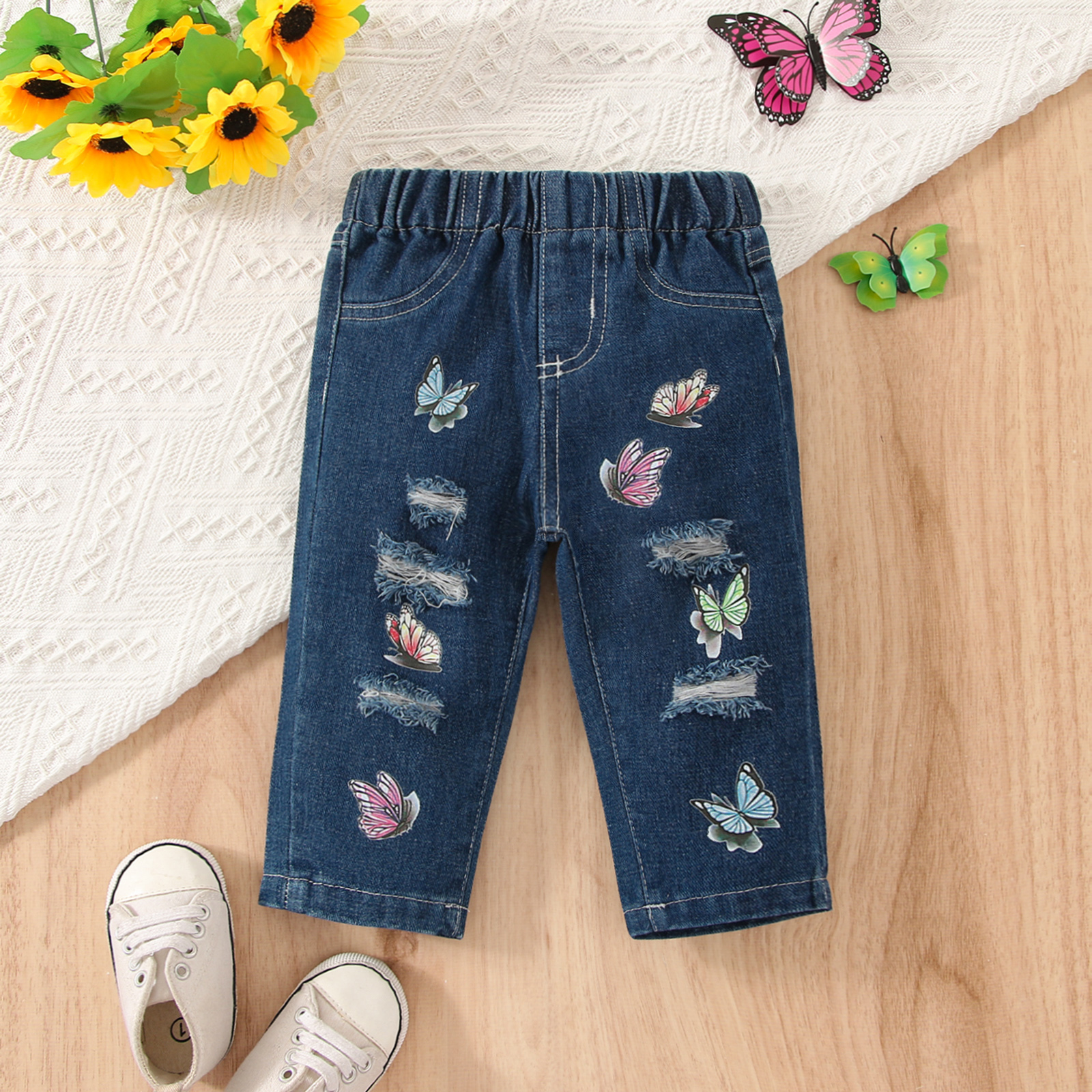 

Baby Girl Butterfly Print Ripped Jeans