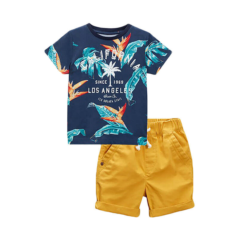 

Floral Printed Short Sleeve T-Shirt in Navy & Yellow Shorts Set for Toddler Boys