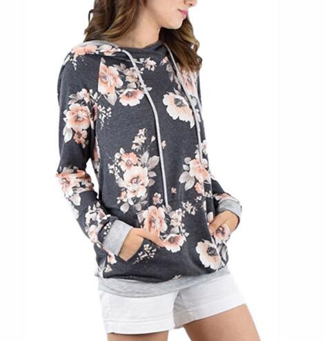 

Stylish Floral Print Hooded Long-sleeve T-shirt in Grey for Women