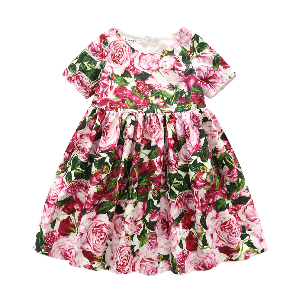 

Gorgeous Floral Print Short-sleeve Pleated Dress for Girl