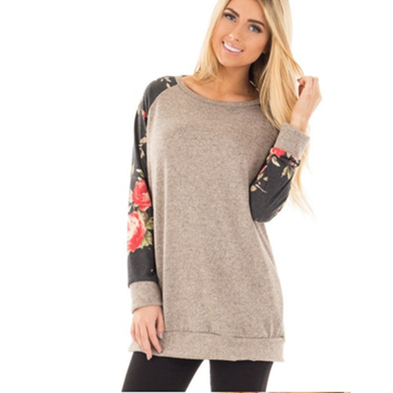 

Women Color-blocking Floral Sleeve Pullover in Grey