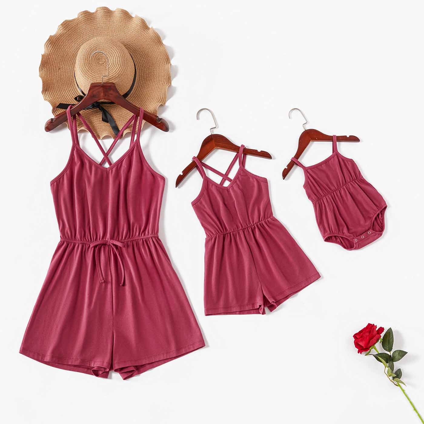 

Solid Color Dark Red Matching Sling Shorts Rompers