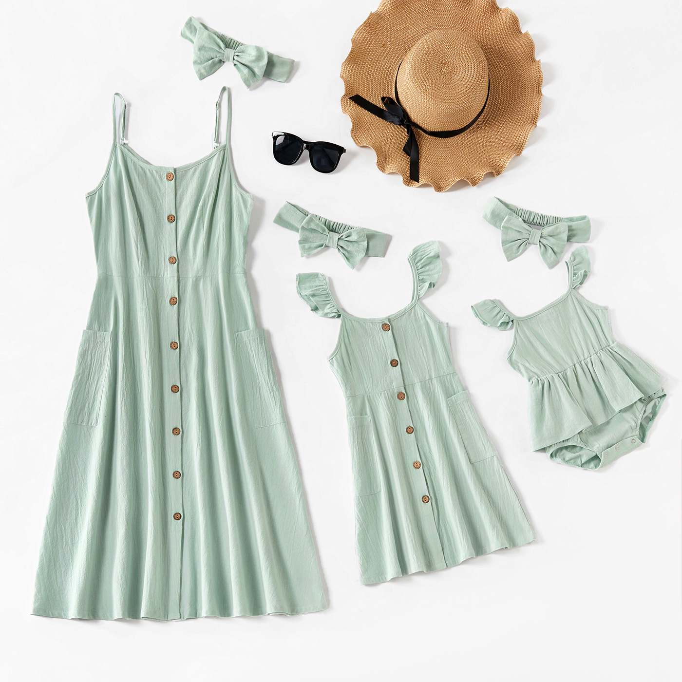 

Solid Color Matching Green Sling Midi Dresses