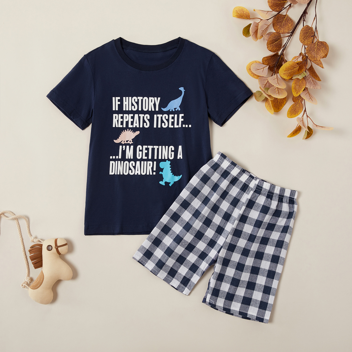 

Trendy Letter Print Dinosaur Tee and Plaid Shorts Set