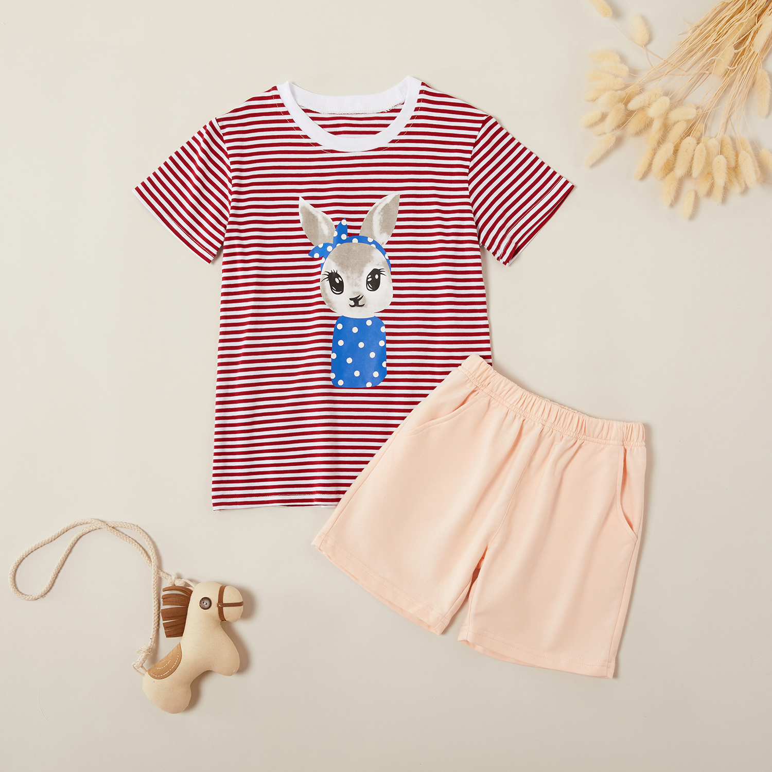 

Stylish Rabbit Print Striped Tee and Solid Shorts Sets