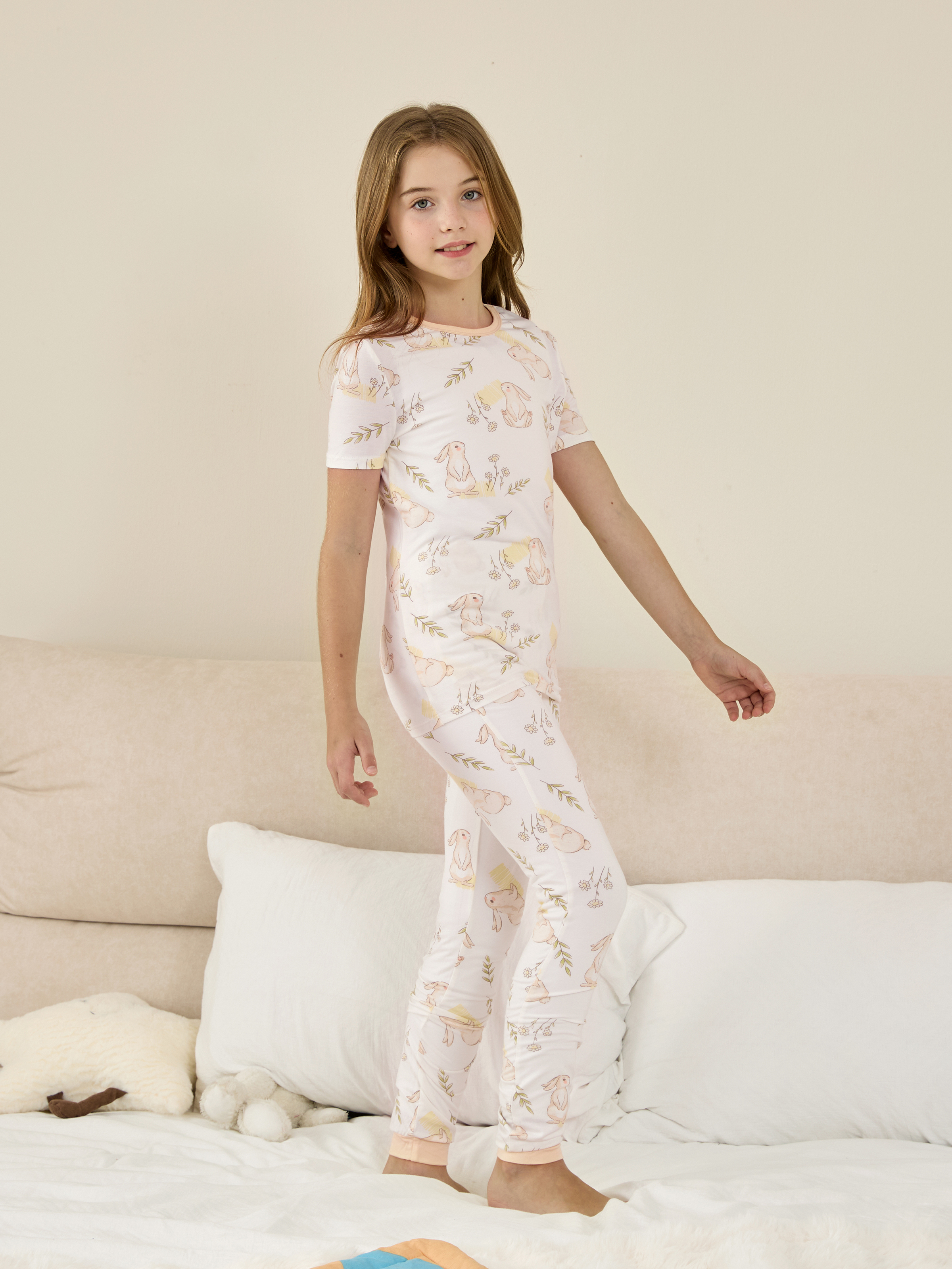 Girls Bamboo Summer Pajamas Offwhite (3pcs Printed Snug